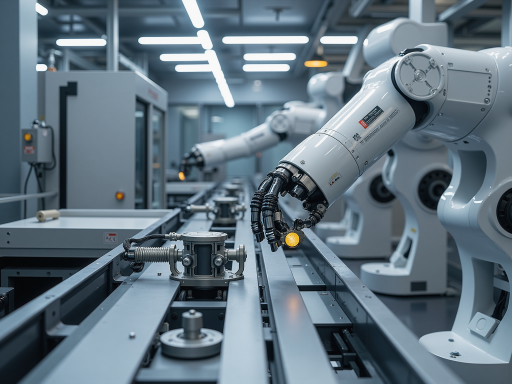 柔性制造系统生产线实景图，显示多品种小批量生产场景，机器人协作作业，工业4.0概念，金属银配色