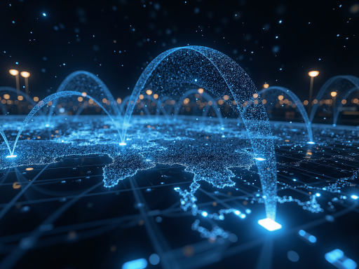 IoT智能监控网络示意图，显示传感器节点分布和数据传输，物联网设备互联，实时监控界面，科技蓝配色